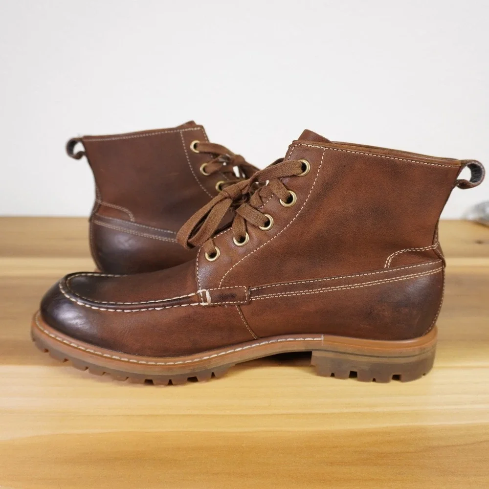John Varvatos Moc Toe Boots Mens 11 Brown Leather Lug Sole Lace Up